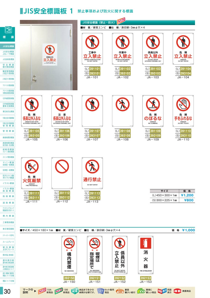 安全用品カタログ P.30-JIS安全標識板 1 禁止事項および防火に関する標識 (1)／JIS安全標識板 1 禁止事項および防火に関する標識 (1)