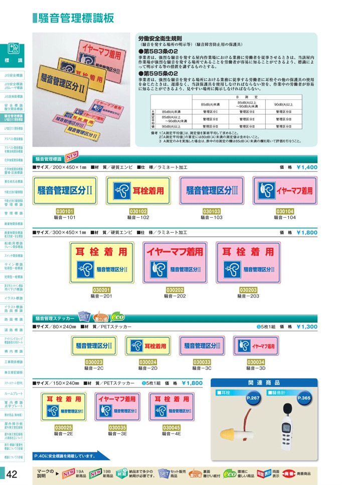 安全用品カタログ P.42-騒音管理標識板／騒音管理標識板