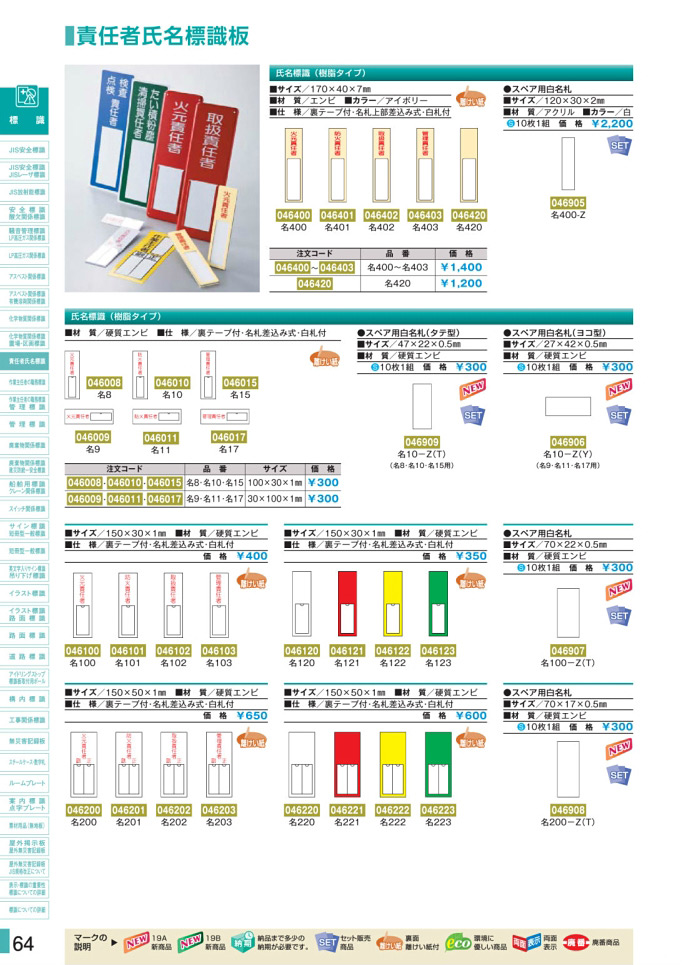 安全用品カタログ P.64-責任者氏名標識板 (1)／責任者氏名標識板 (1)