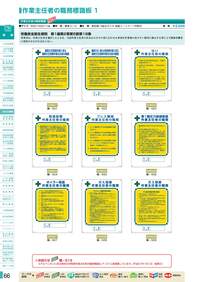 安全用品カタログ P.66 - 作業主任者の職務標識板 1 (1)