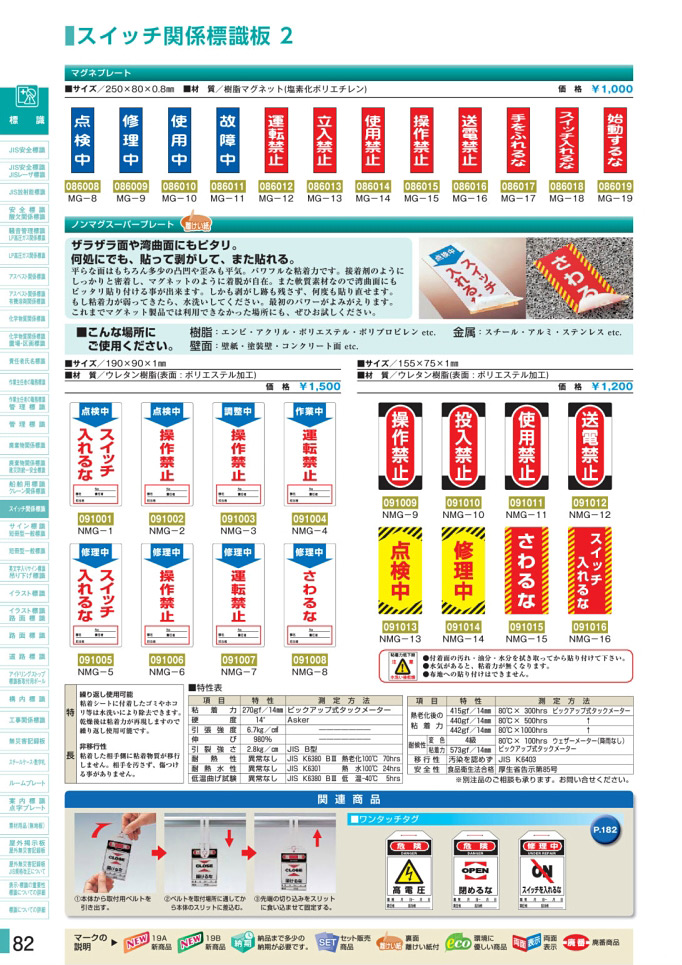 安全用品カタログ P.82-スイッチ関係標識板 2 (1)／スイッチ関係標識板 2 (1)