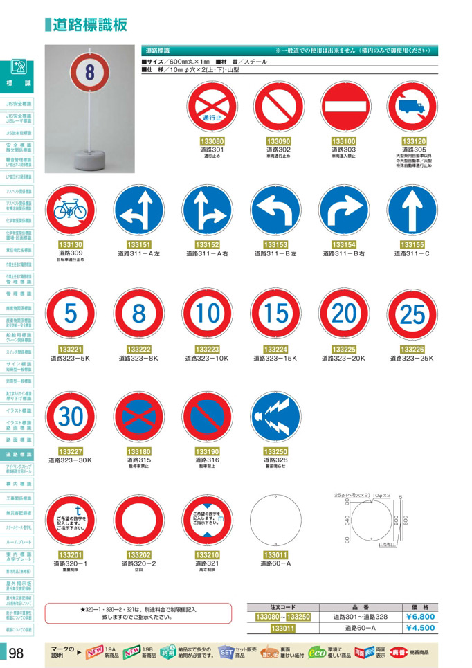 安全用品カタログ P.98-道路標識板 (1)／道路標識板 (1)