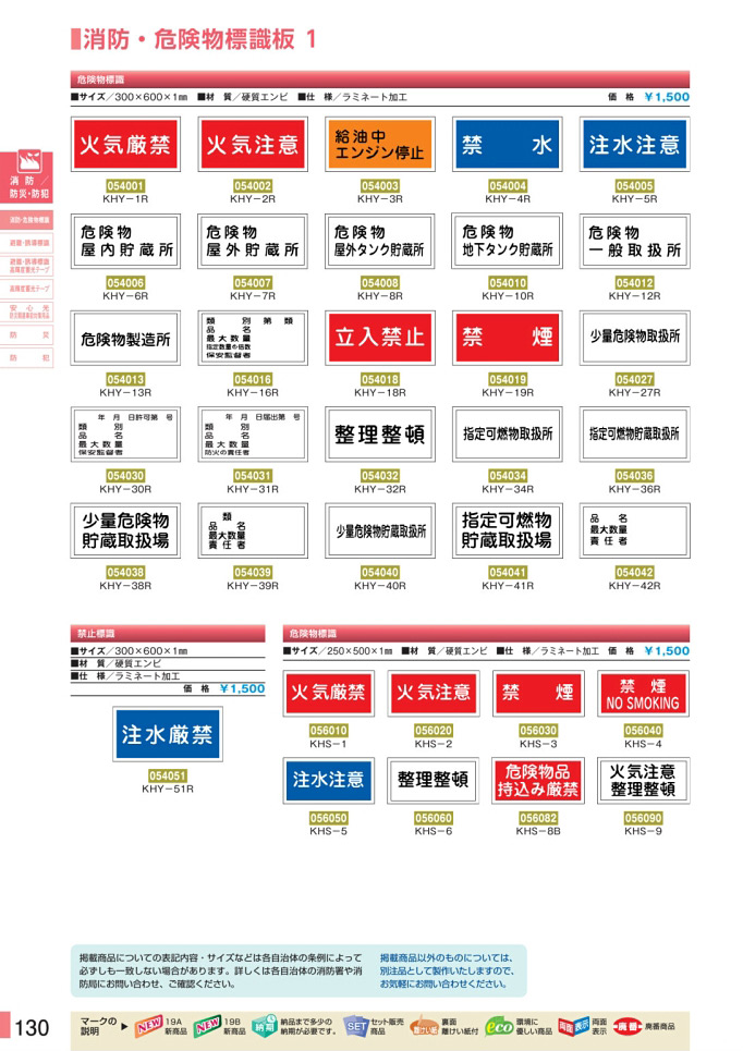 安全用品カタログ P.130 - 消防・危険物標識板 1 (1)