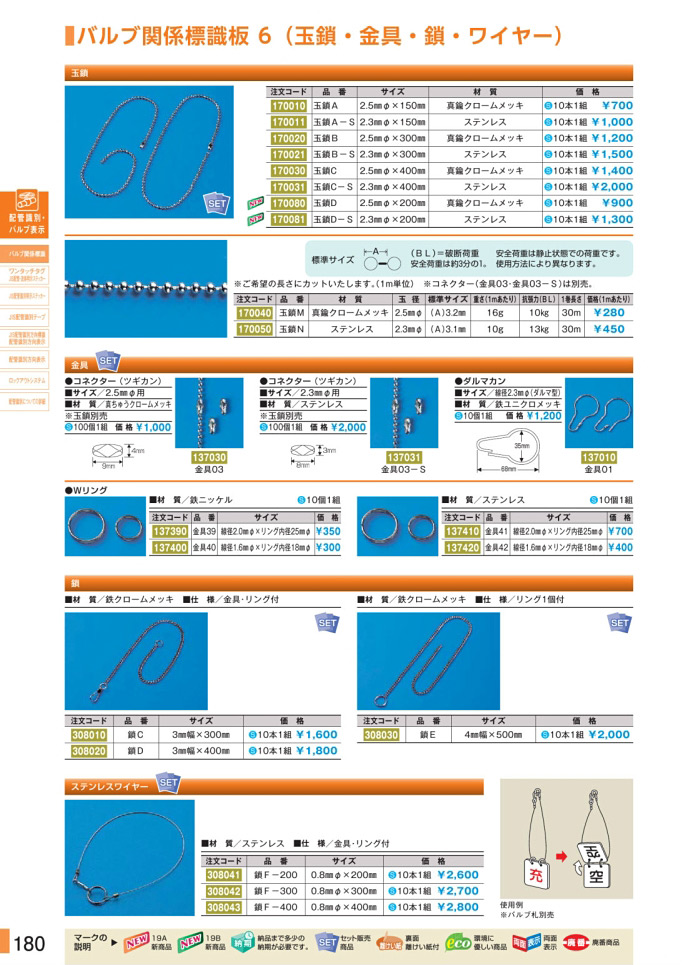 安全用品カタログ P.180 - バルブ関係標識板 6 (玉鎖・金具・鎖・ワイヤー) (1)