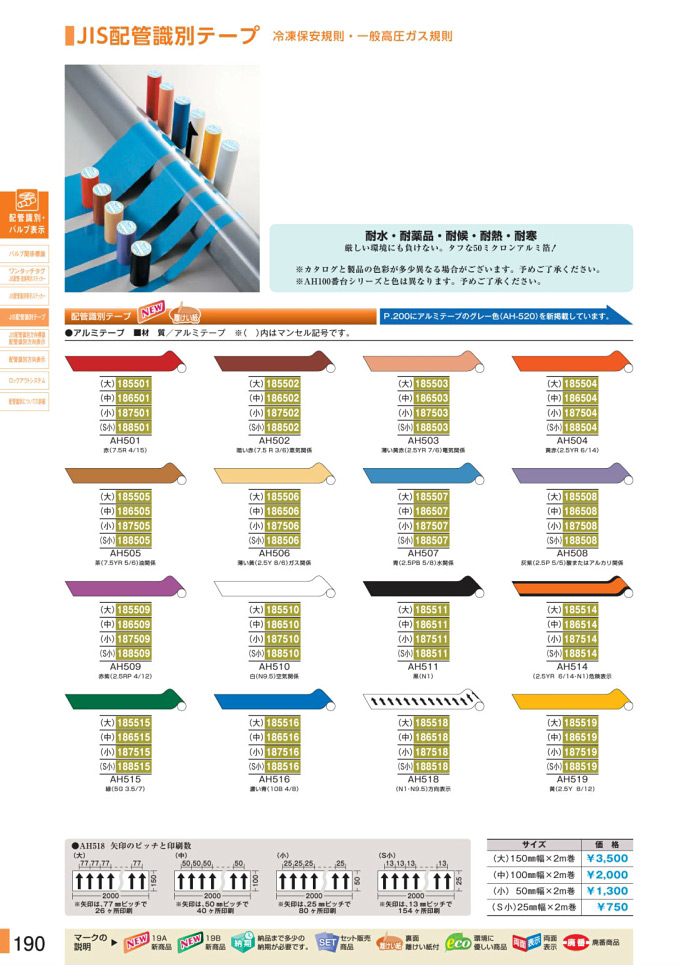 安全用品カタログ P.190-JIS配管識別テープ 冷凍保安規則・一般高圧ガス規則 (1)／JIS配管識別テープ 冷凍保安規則・一般高圧ガス規則 (1)