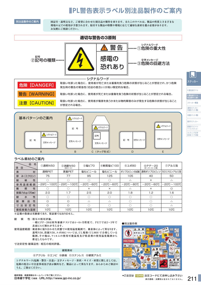 安全用品カタログ P.211 - PL警告表示ラベル別注品製作のご案内