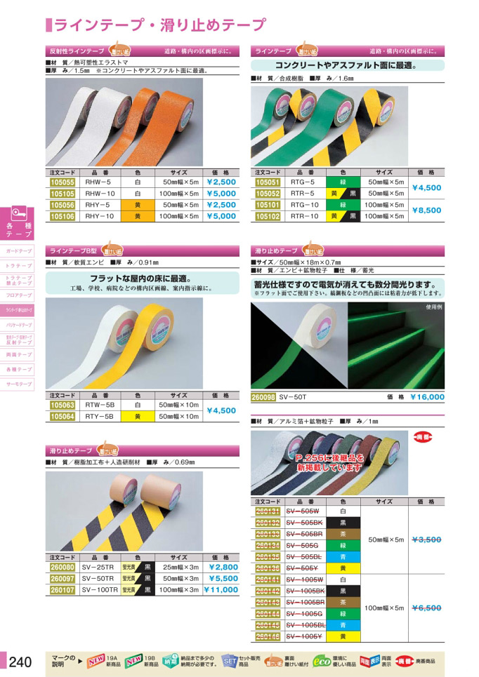 安全用品カタログ P.240-ラインテープ・滑り止めテープ (1)／ラインテープ・滑り止めテープ (1)