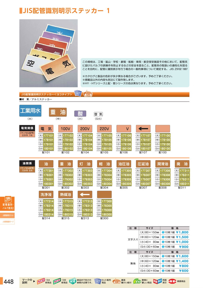 安全用品カタログ P.448-JIS配管識別明示ステッカー 1 (1)／JIS配管識別明示ステッカー 1 (1)